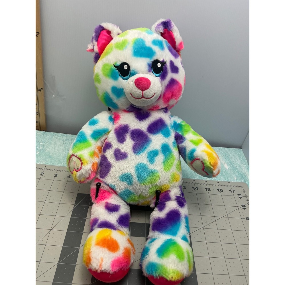 Build-A-Bear Workshop Rainbow Heart Leopard Print Cat Plush 16 Inch Multicolor